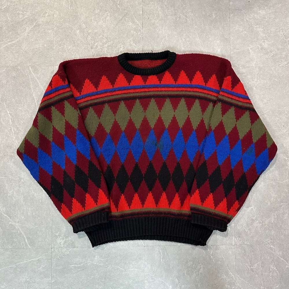 Vintage Argyle Crewneck Sweater Mens Multicolor Geometric Knit 90s Retro Slouchy